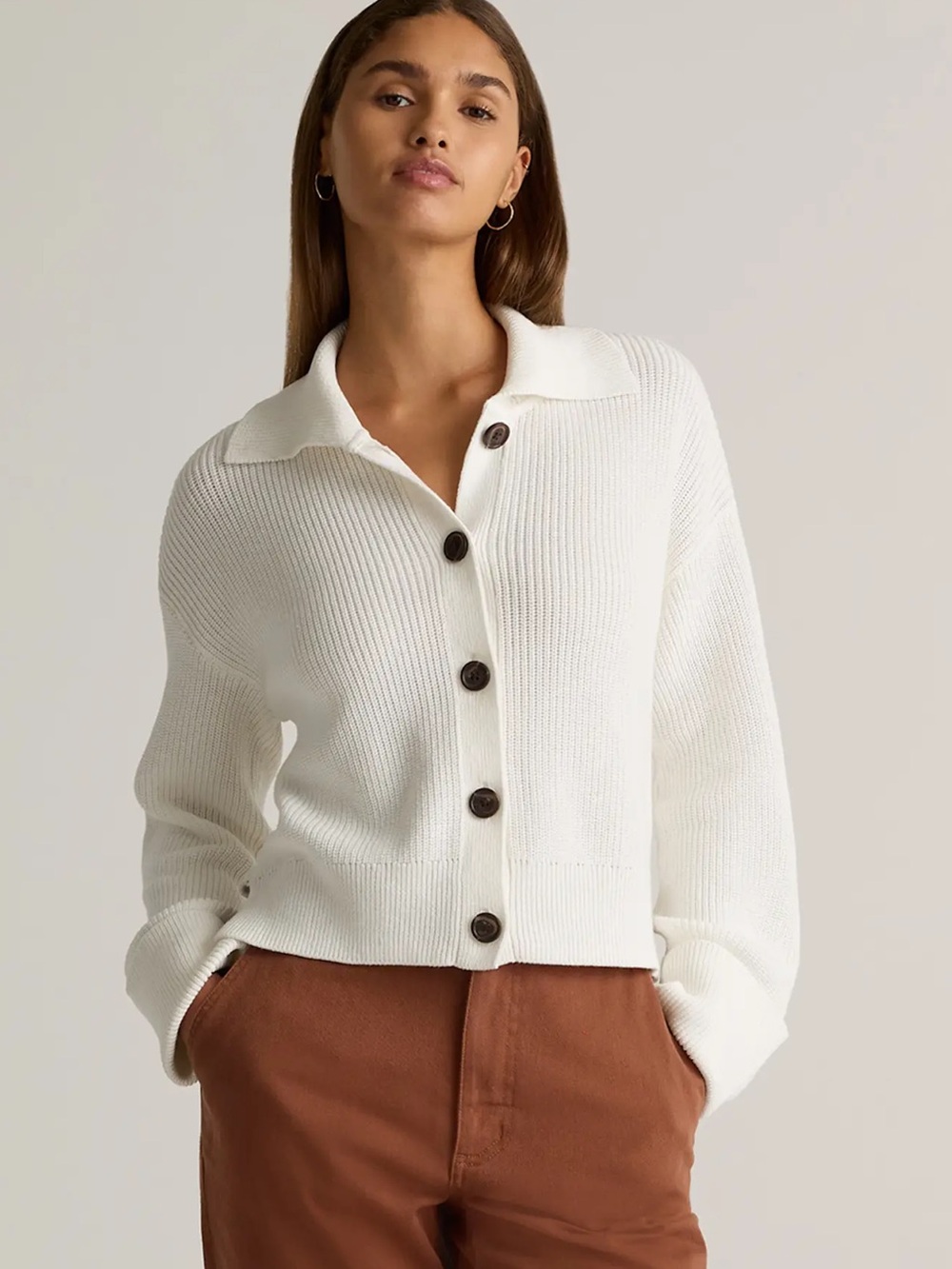 Quince Cream Button-Front Ribbed Cardigan